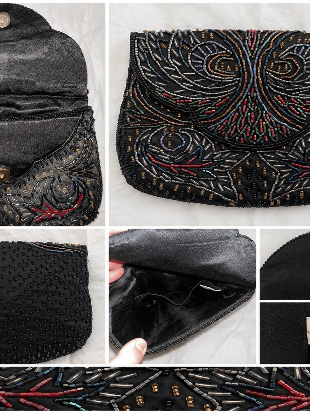Vintage Beaded Black Evening Clutch with Multicolor Accents